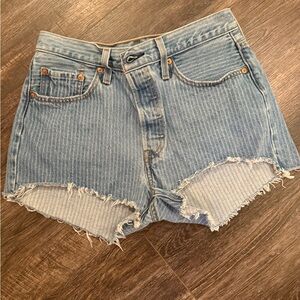 Ami Light Blue High-Rise Frayed Hem Denim Shorts